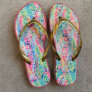 Lilly Pulitzer Floral Flip Flops with Gold Accents